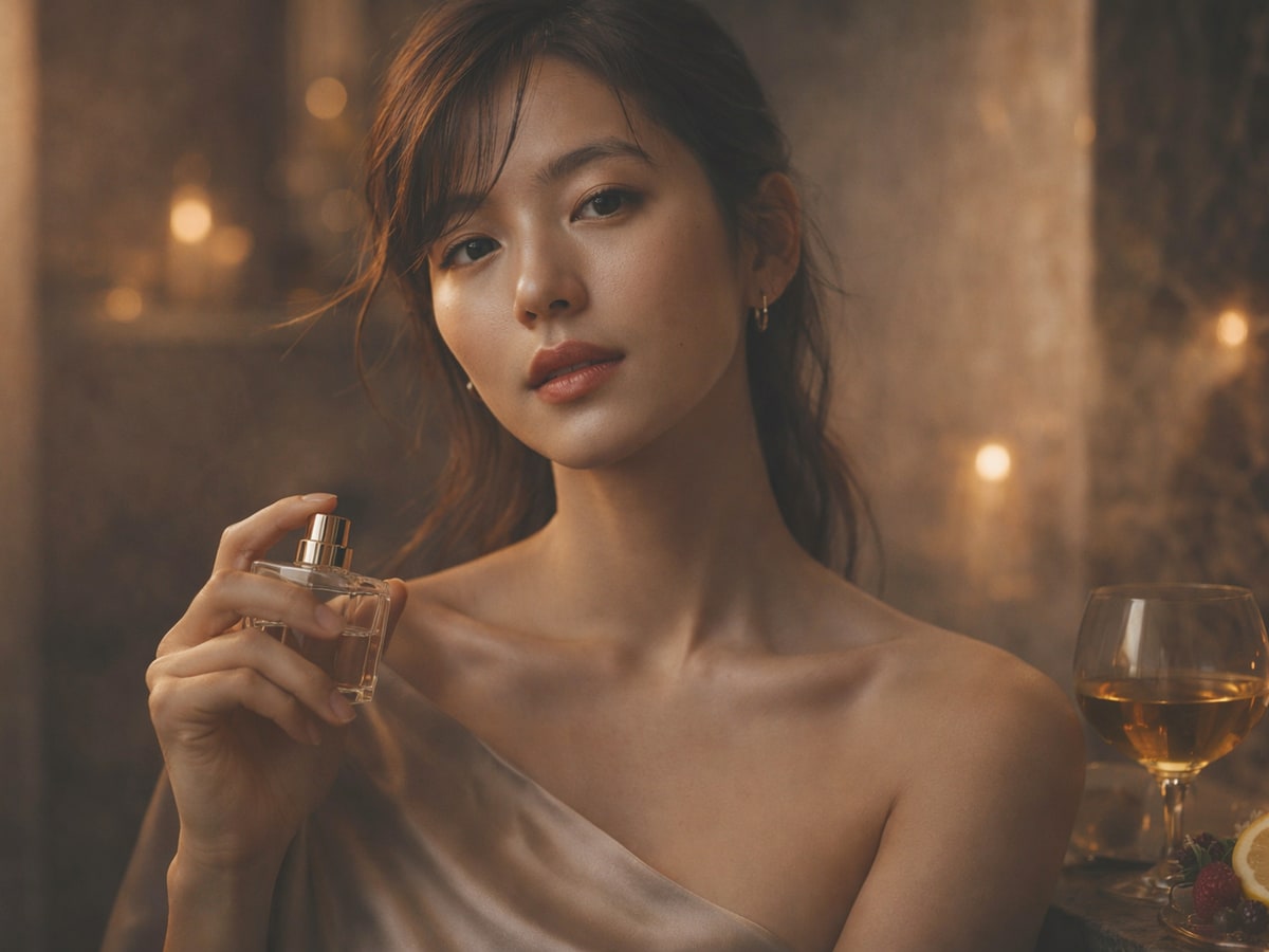 향수를 들고 있는 미모의 한국 여성